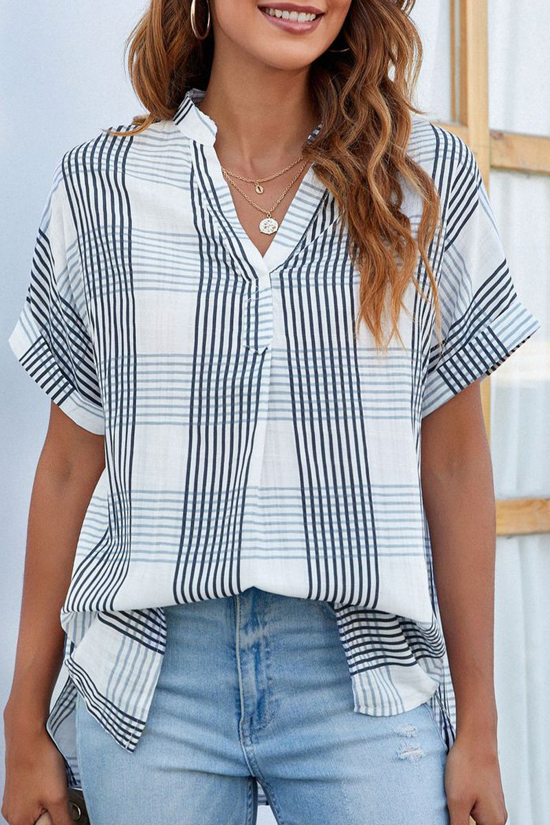 Casual Simplicity Striped Solid Patchwork V Neck Blouses(8 Colors)