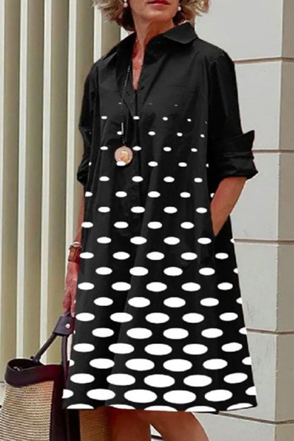 Casual Print Polka Dot Patchwork Buckle Turndown Collar Shirt Dress Dresses(15 Colors)