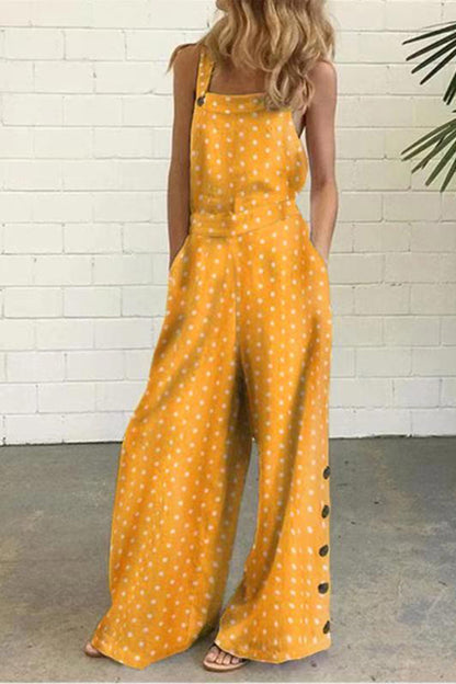 Elegant Dot Print Patchwork Square Collar Straight Jumpsuits