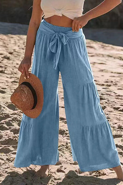 Casual Vacation Solid Bandage Fold Loose High Waist Wide Leg Solid Color Bottoms