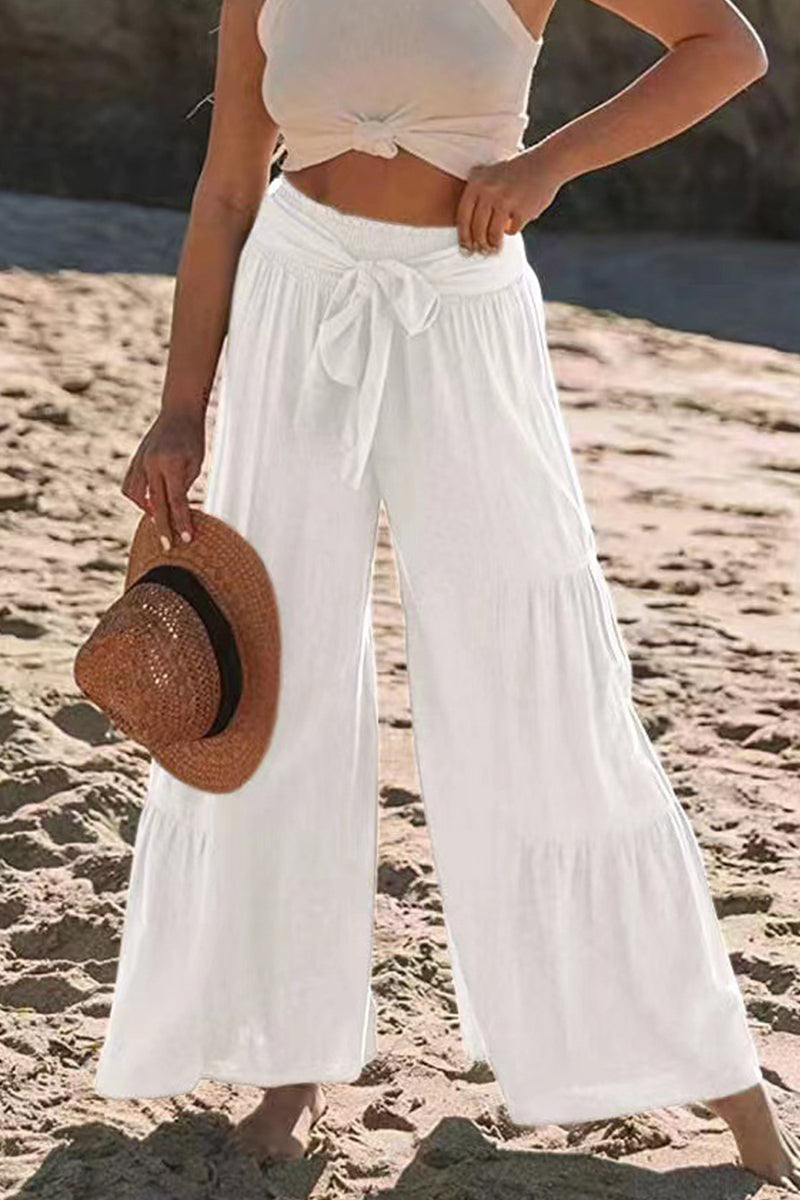 Casual Vacation Solid Bandage Fold Loose High Waist Wide Leg Solid Color Bottoms