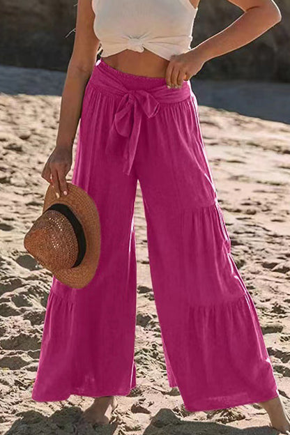 Casual Vacation Solid Bandage Fold Loose High Waist Wide Leg Solid Color Bottoms