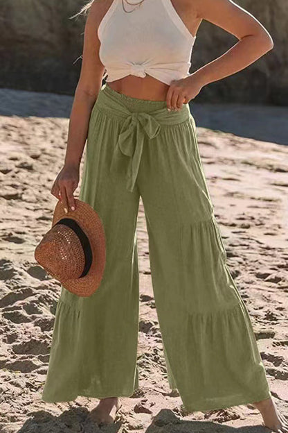 Casual Vacation Solid Bandage Fold Loose High Waist Wide Leg Solid Color Bottoms