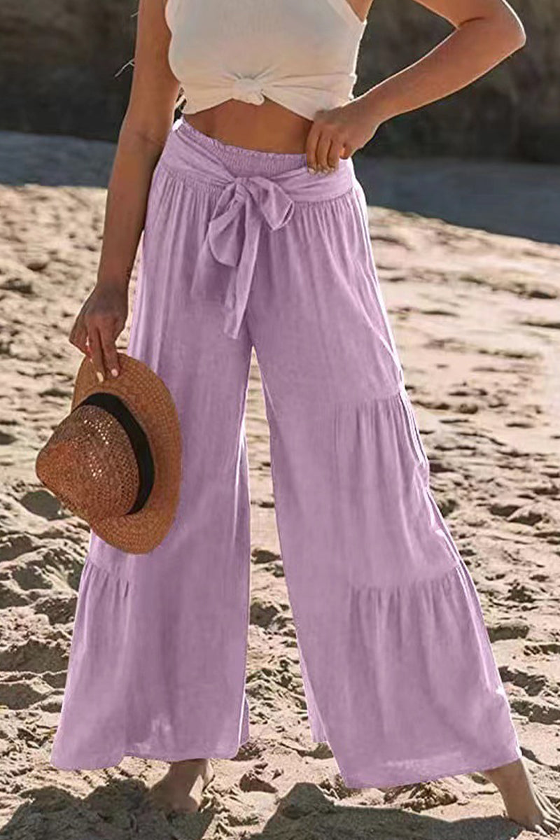 Casual Vacation Solid Bandage Fold Loose High Waist Wide Leg Solid Color Bottoms