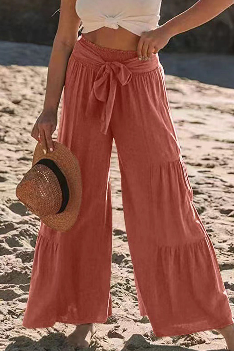 Casual Vacation Solid Bandage Fold Loose High Waist Wide Leg Solid Color Bottoms