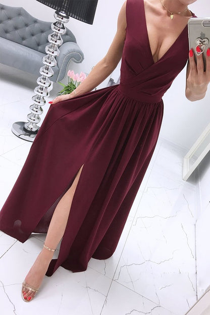 Sexy Simplicity Solid Slit V Neck Princess Dresses