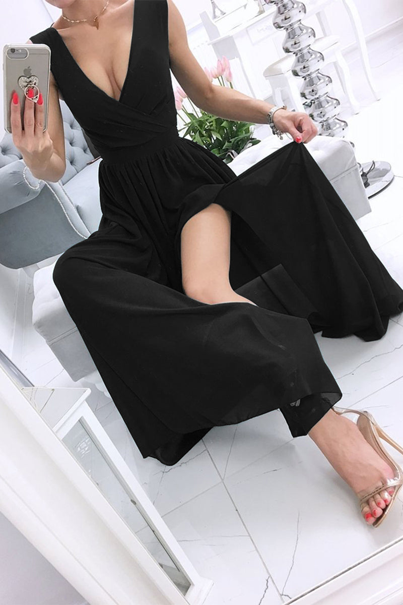 Sexy Simplicity Solid Slit V Neck Princess Dresses