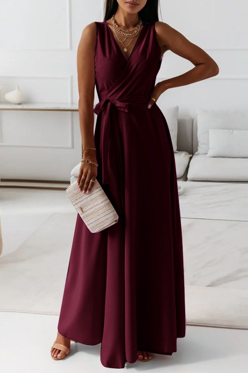 Casual Solid Frenulum V Neck Long Dress Dresses