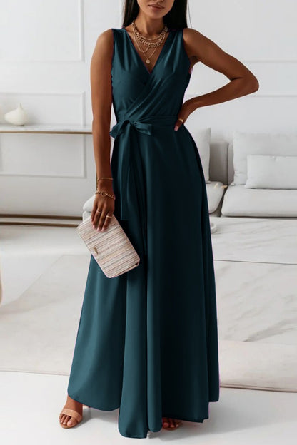 Casual Solid Frenulum V Neck Long Dress Dresses