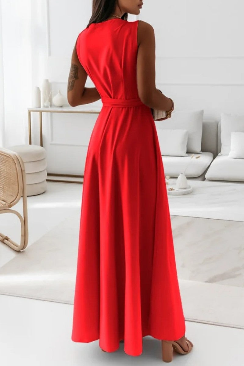 Casual Solid Frenulum V Neck Long Dress Dresses