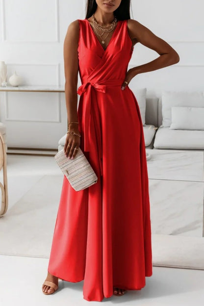 Casual Solid Frenulum V Neck Long Dress Dresses