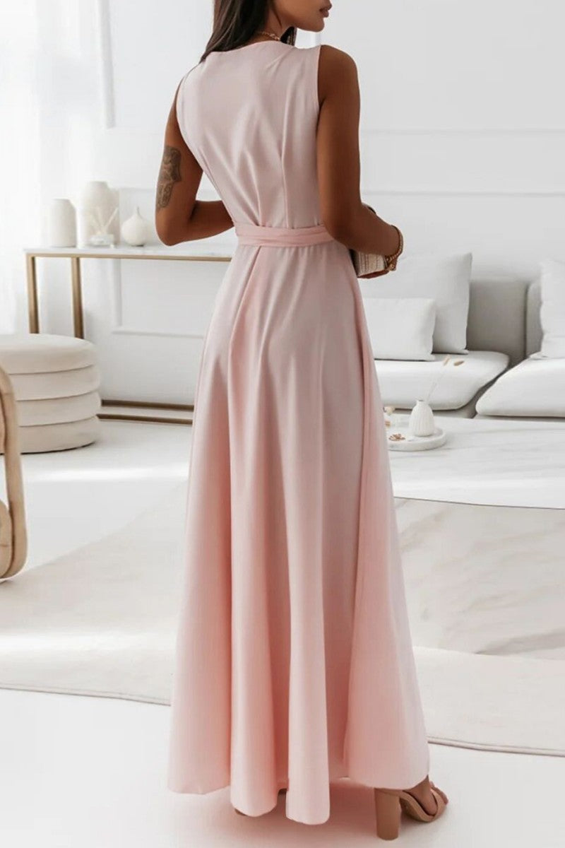 Casual Solid Frenulum V Neck Long Dress Dresses