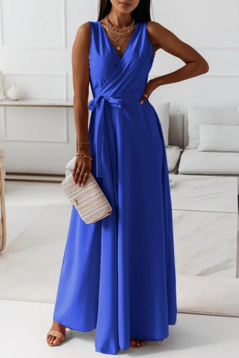 Casual Solid Frenulum V Neck Long Dress Dresses