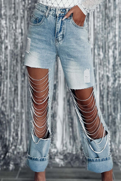 Street Solid Ripped Chains Loose Denim Jeans