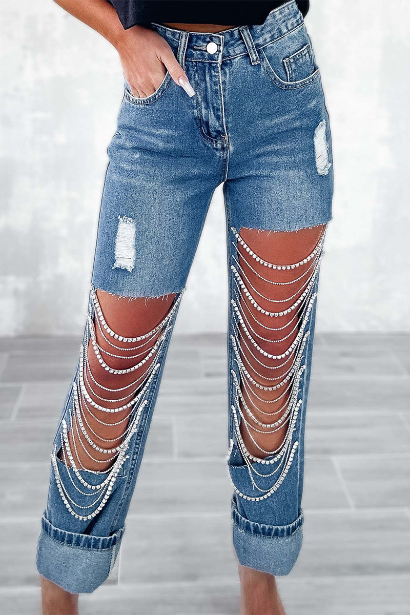 Street Solid Ripped Chains Loose Denim Jeans