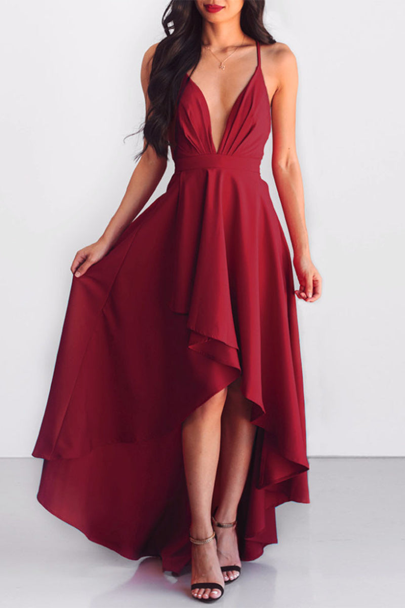 Sexy Formal Solid Asymmetrical V Neck Dresses