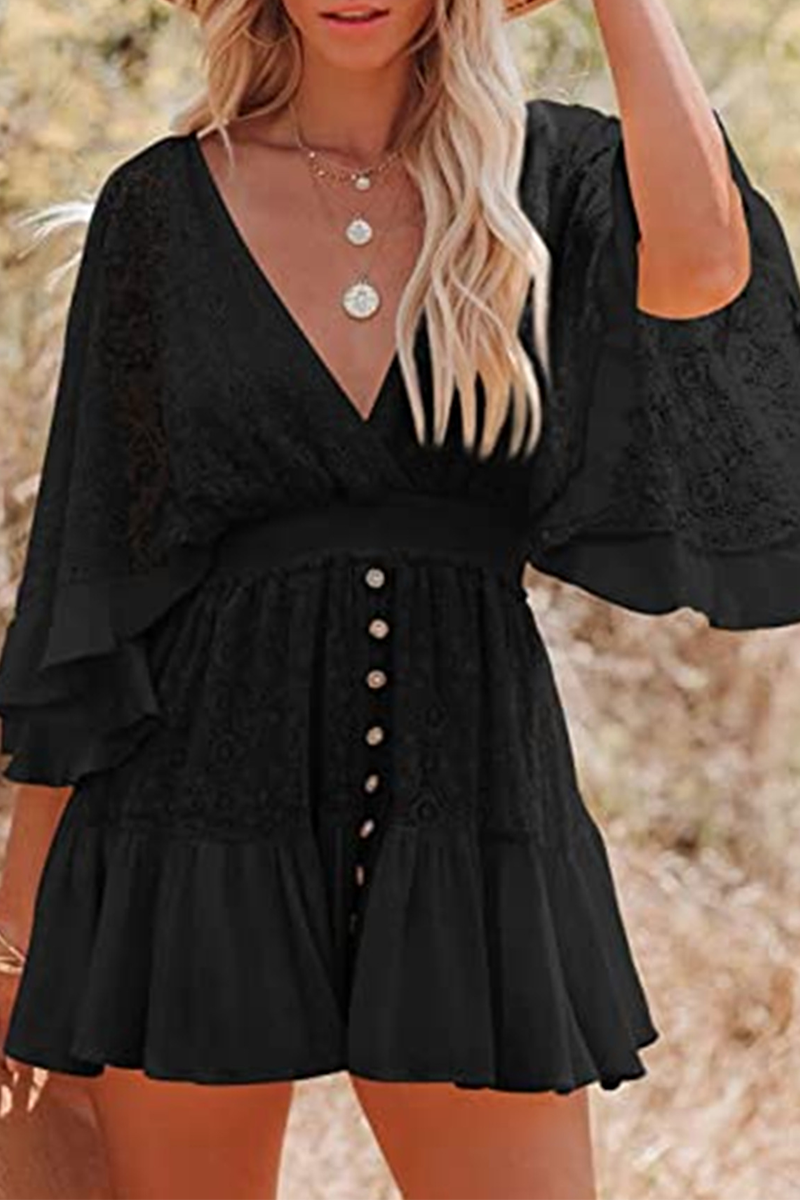 Casual Solid Patchwork V Neck Lace Dress Dresses