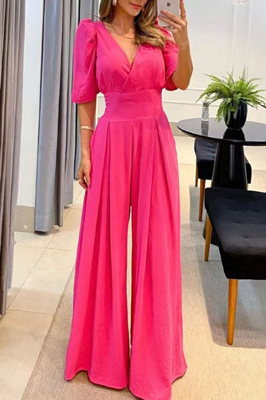 Casual Elegant Solid Pocket V Neck Straight Jumpsuits