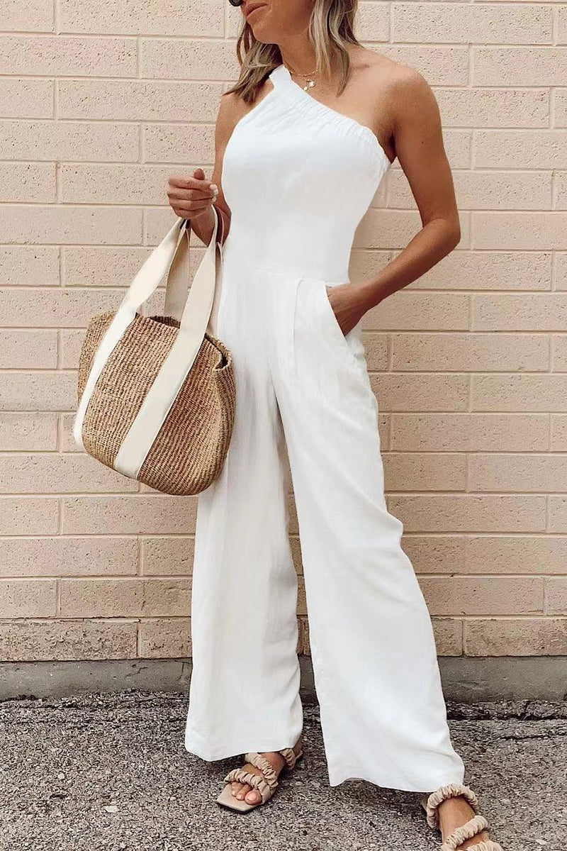 Sexy Simplicity Solid Pocket Oblique Collar Loose Jumpsuits