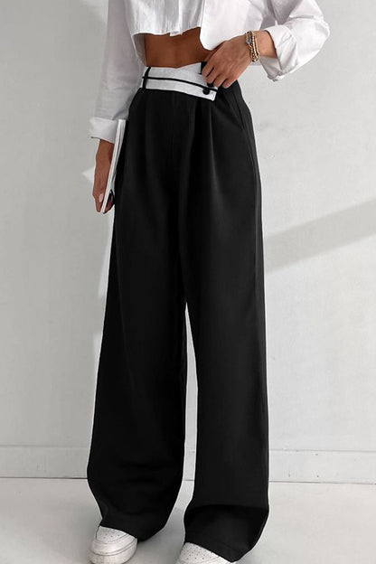 Casual Color Block Patchwork Contrast Loose High Waist Wide Leg Patchwork Bottoms