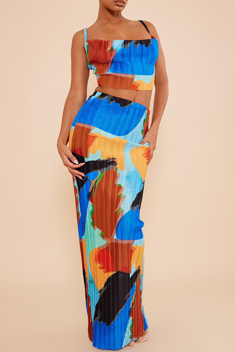 Sexy Print Patchwork Fold Spaghetti Strap Sleeveless Two Pieces