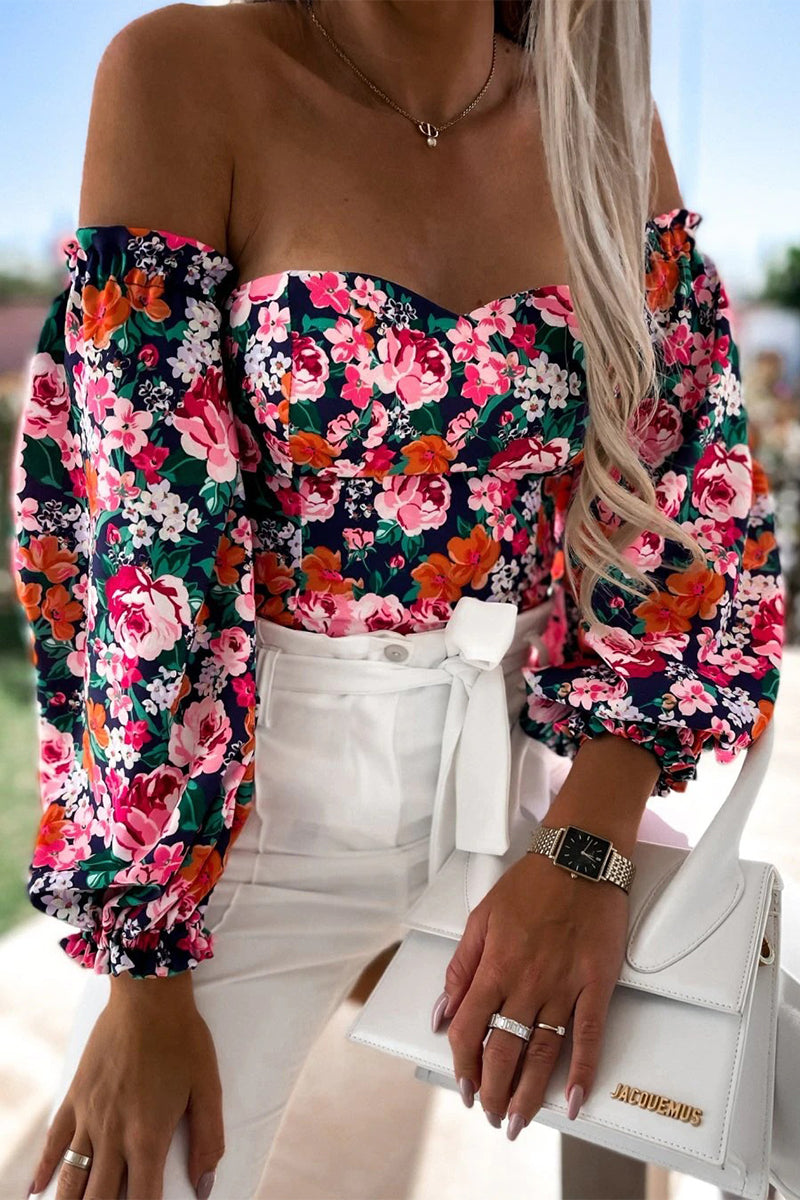 Sweet Elegant Print Printing Off the Shoulder Tops