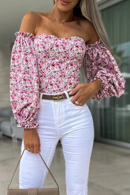 Sweet Elegant Print Printing Off the Shoulder Tops