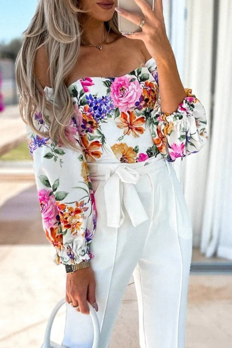 Sweet Elegant Print Printing Off the Shoulder Tops