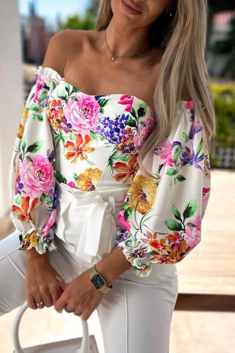 Sweet Elegant Print Printing Off the Shoulder Tops