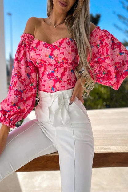 Sweet Elegant Print Printing Off the Shoulder Tops