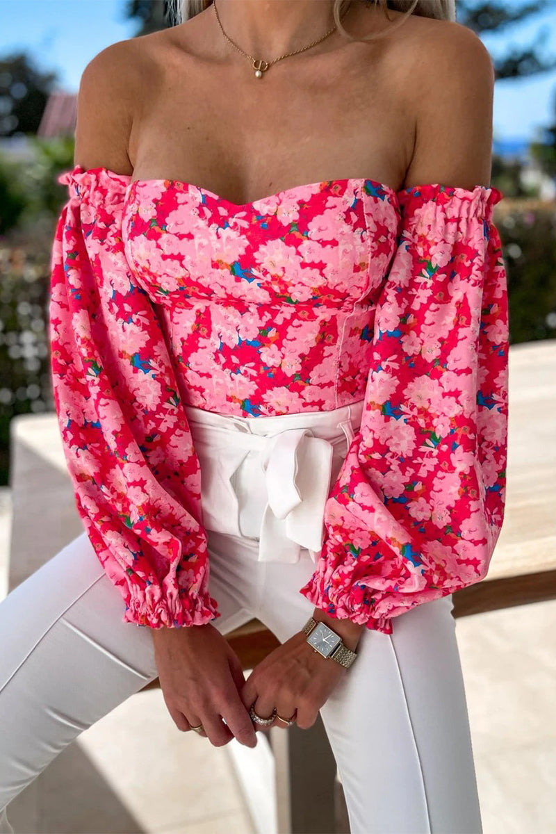 Sweet Elegant Print Printing Off the Shoulder Tops