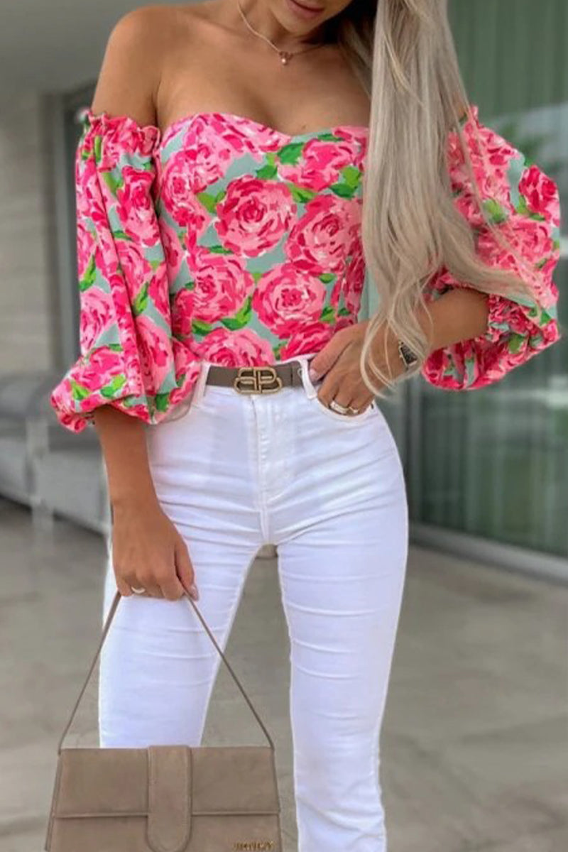 Sweet Elegant Print Printing Off the Shoulder Tops