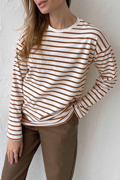 Casual Striped Patchwork O Neck Tops(5 Colors)