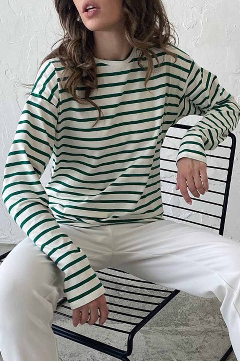 Casual Striped Patchwork O Neck Tops(5 Colors)