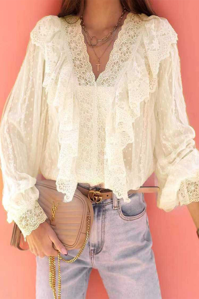 Elegant Solid Lace Patchwork V Neck Blouses