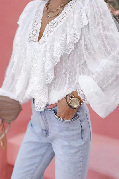 Elegant Solid Lace Patchwork V Neck Blouses