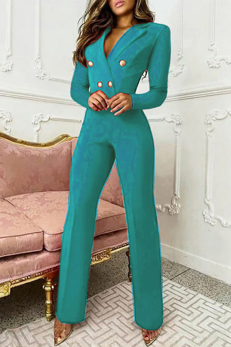 Elegant Solid Buttons Turn-back Collar Regular Jumpsuits(4 Colors)