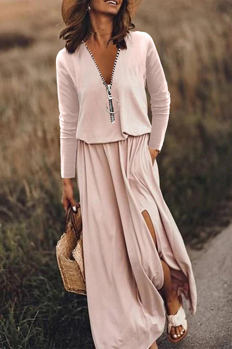 Casual Patchwork Zipper V Neck Irregular Dress Dresses