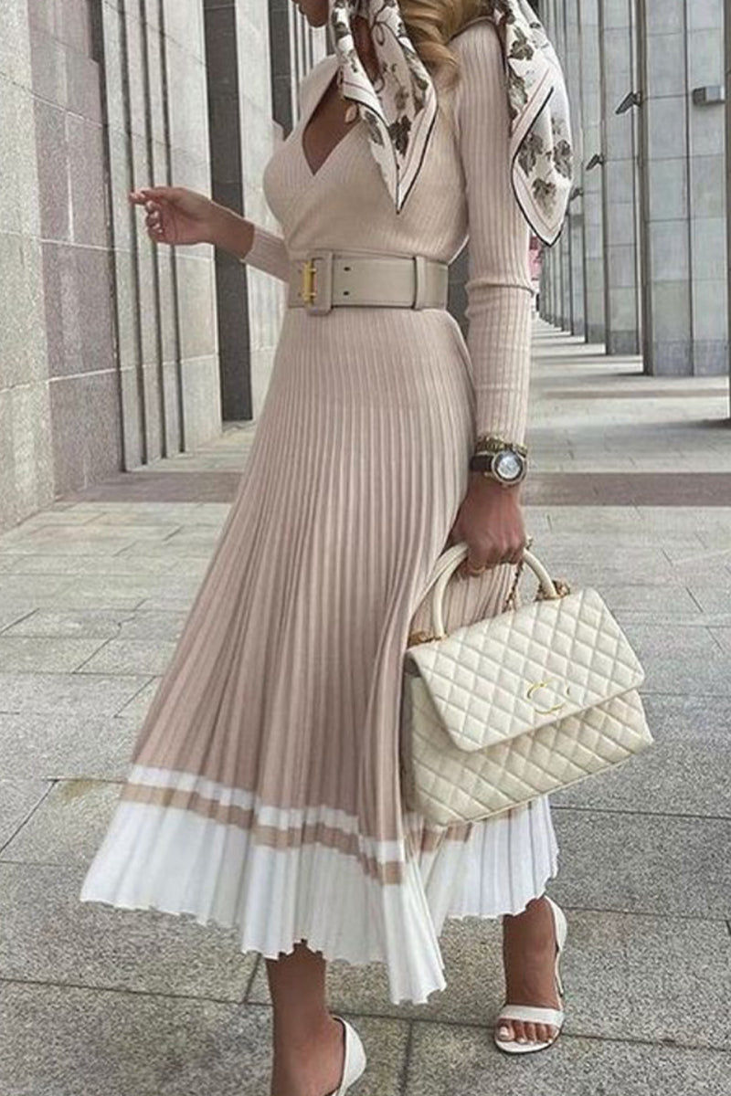 Elegant Striped Patchwork V Neck Pleated Dresses