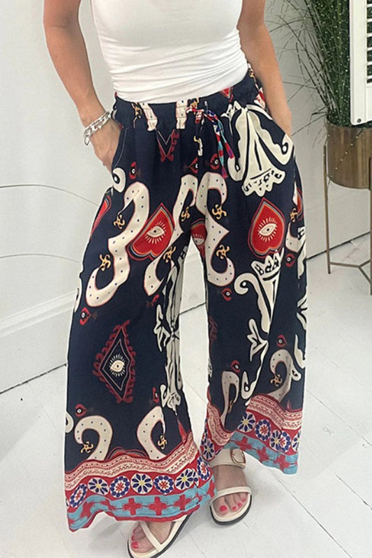 Casual Print Pocket Loose Wide Leg Full Print Bottoms