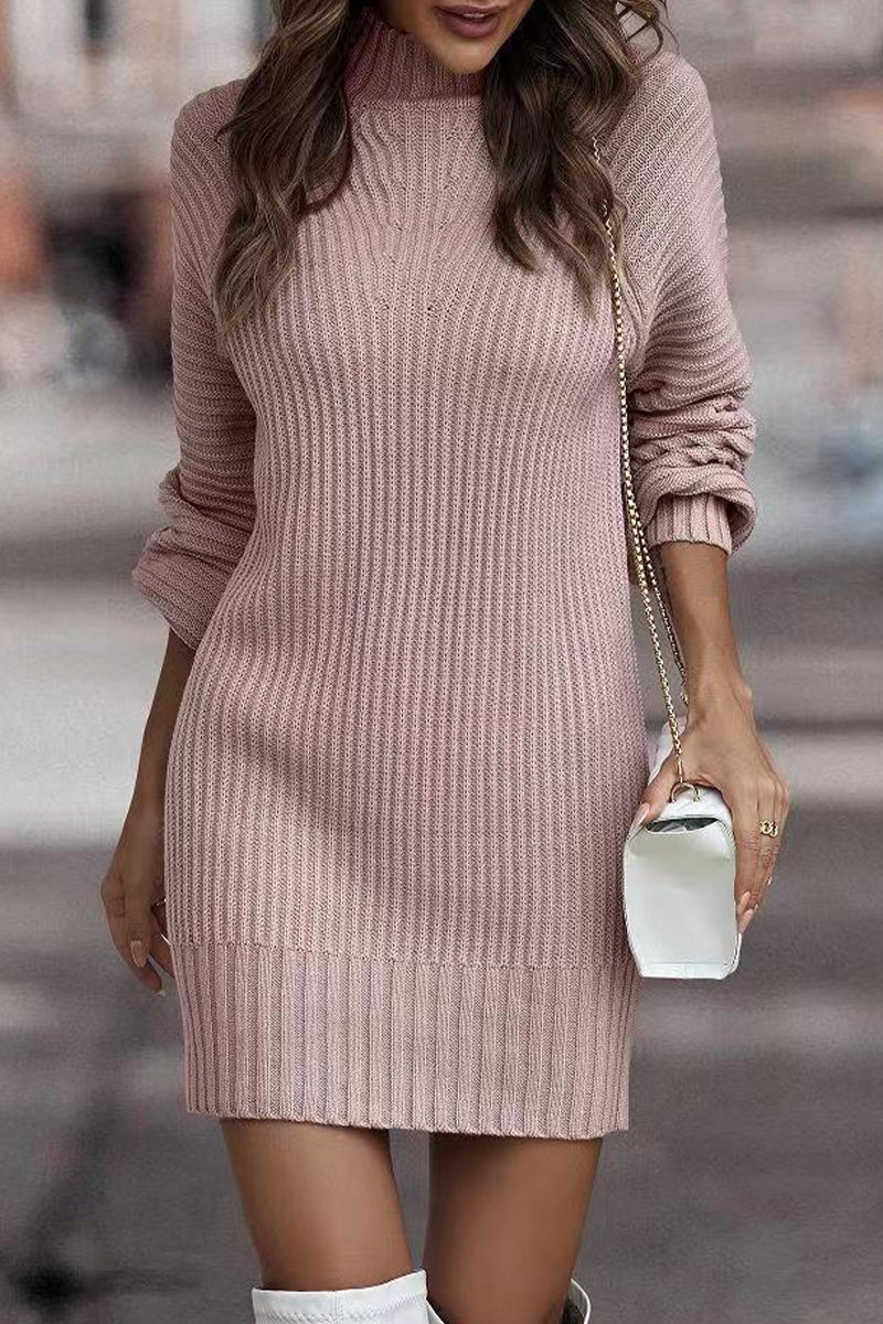 Casual Solid Patchwork Turtleneck One Step Skirt Dresses