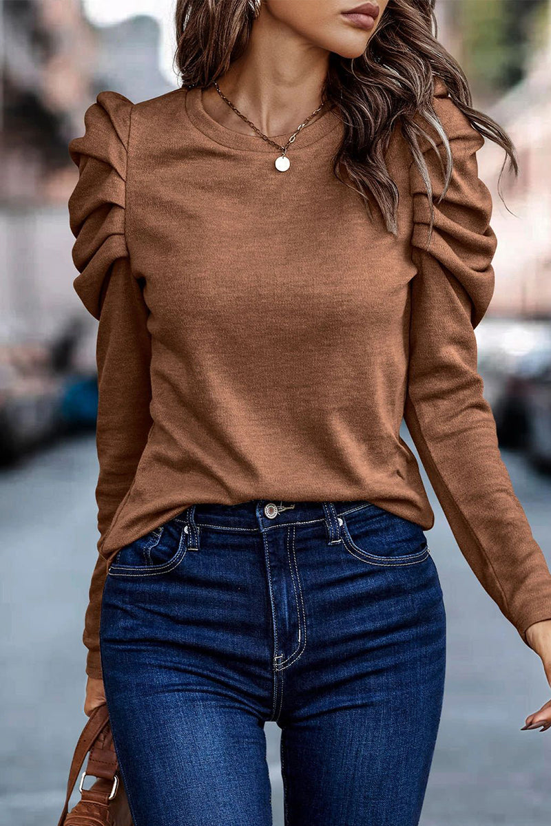 Casual Solid Fold O Neck Tops(5 Colors)