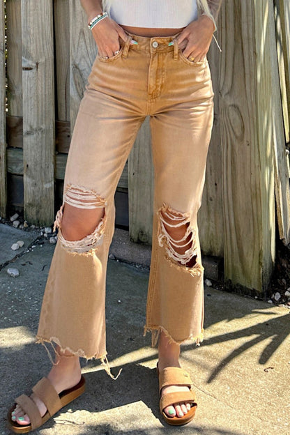 Casual Solid Ripped Patchwork High Waist Regular Denim Jeans