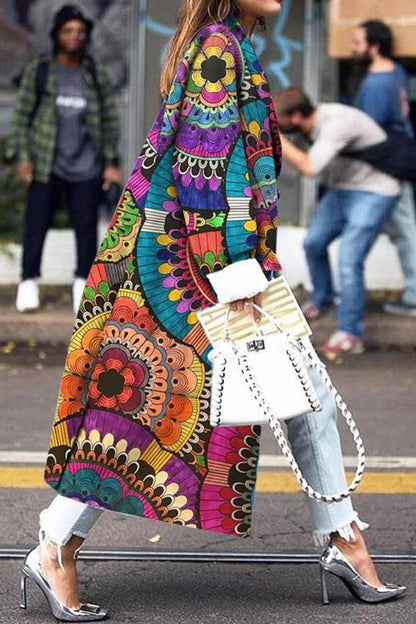 Street Print Patchwork Turndown Collar Outerwear