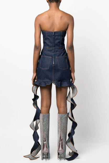 Sexy Casual Solid Backless Strapless Sleeveless Skinny Denim Dresses