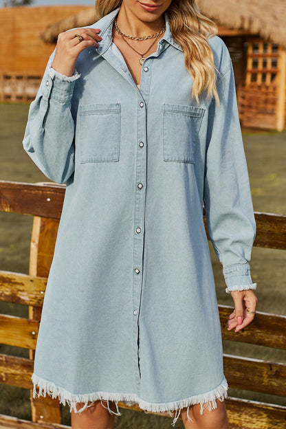 Casual Solid Make Old Turndown Collar Long Sleeve Loose Denim Dresses(  No Belt)