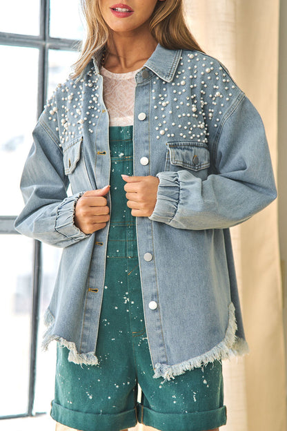 Street Patchwork Tassel Beading Turndown Collar Long Sleeve Loose Denim Jacket