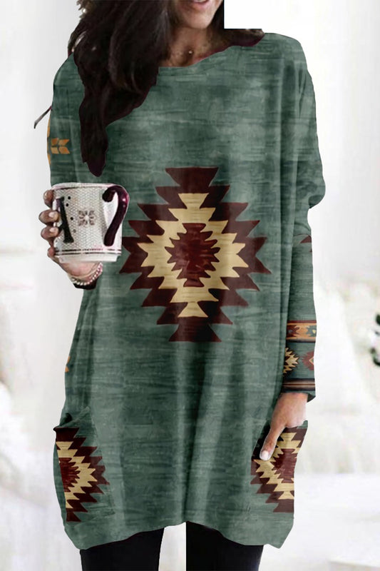 Casual Vintage Geometric Print Patchwork Pocket V Neck Tops