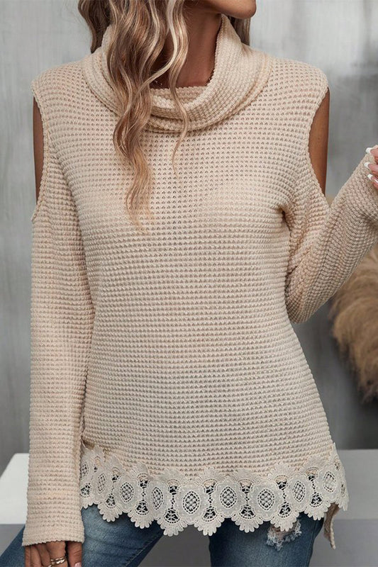 Elegant Solid Lace Turtleneck Tops