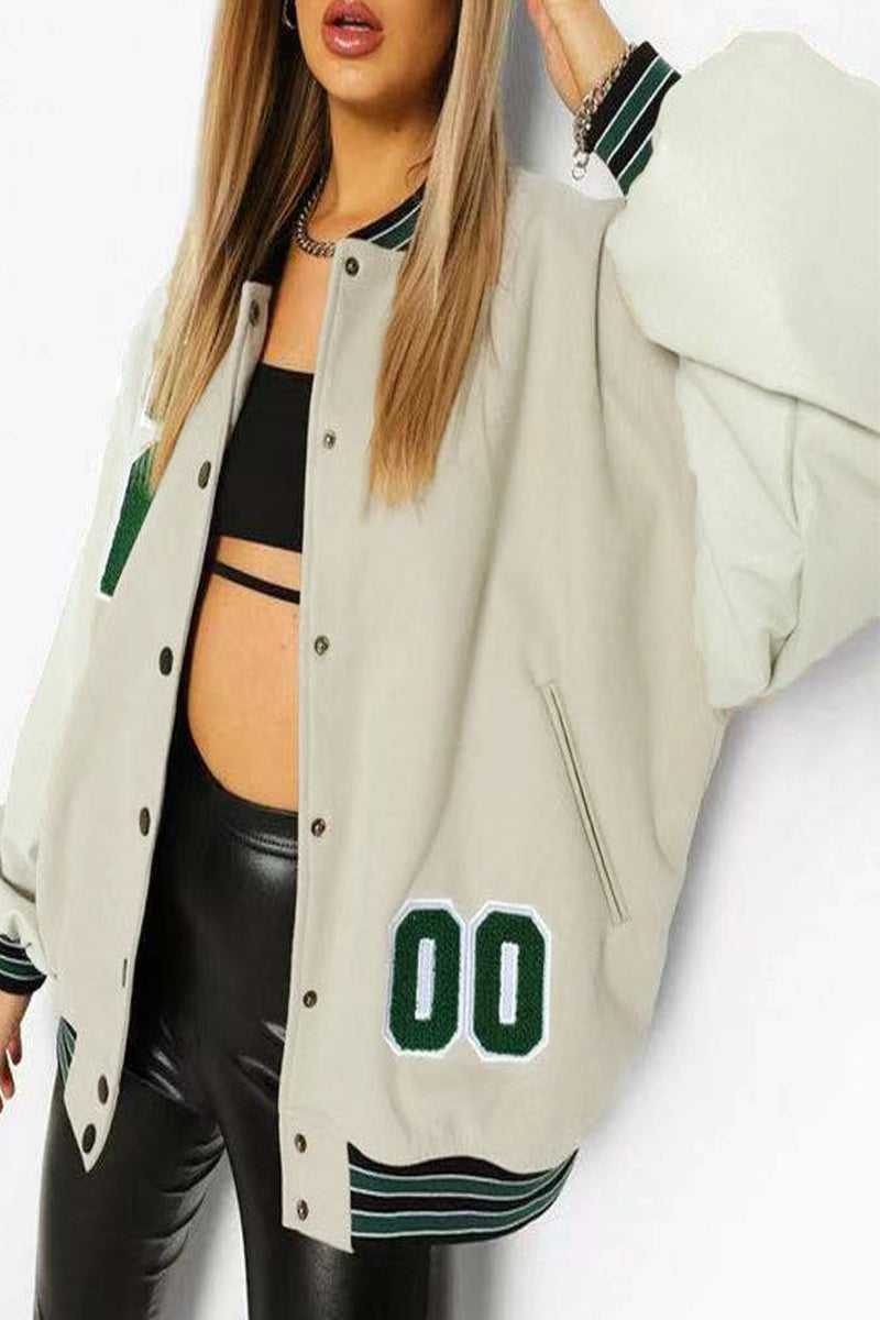 Street Letter Embroidered O Neck Outerwear(3 Colors)